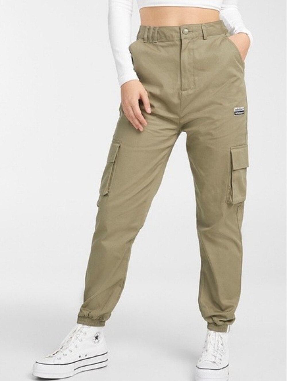 Adidas Khaki Green High Rise Cotton Utility Cargo Jogger Pants size Medium